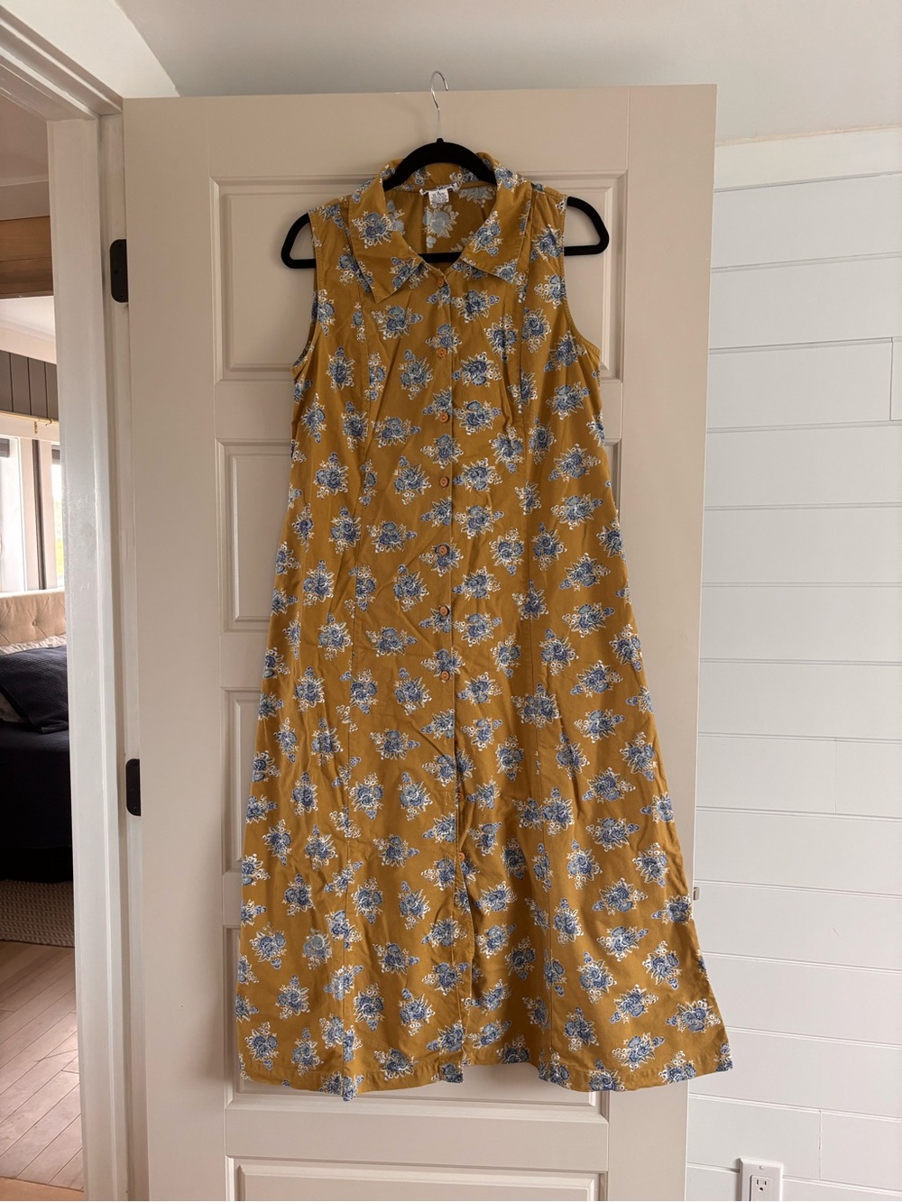 Vtg Sleeveless April Cornell Olive Green Floral Button-Front Dress
